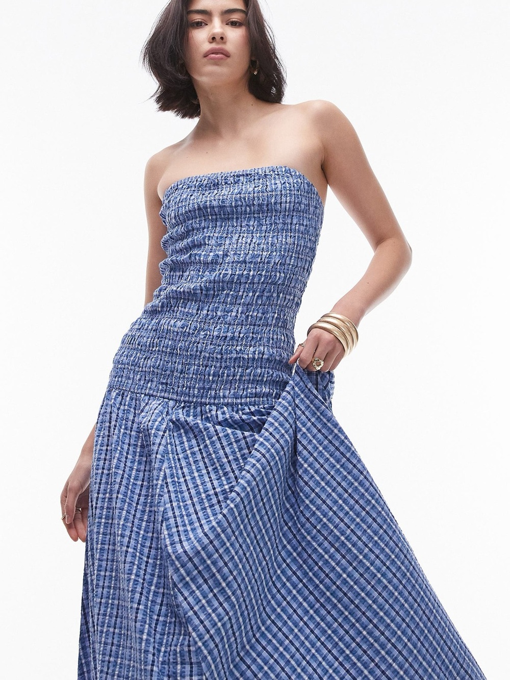 Topshop Blue Strapless Smocked Midi Dress